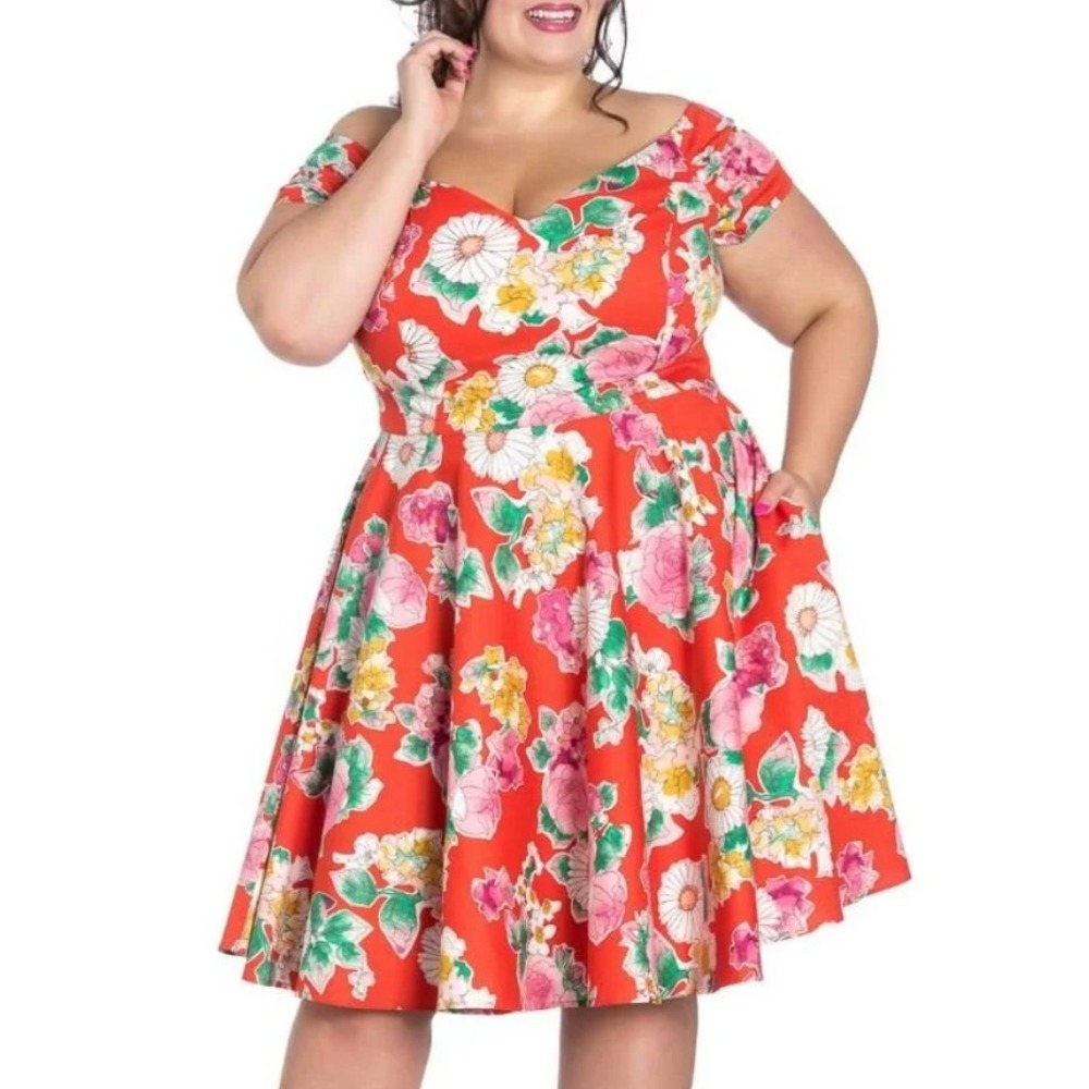Hell Bunny Marguerita Midi Dress Red Floral Women 3XL Fit Flare Rockabilly Retro